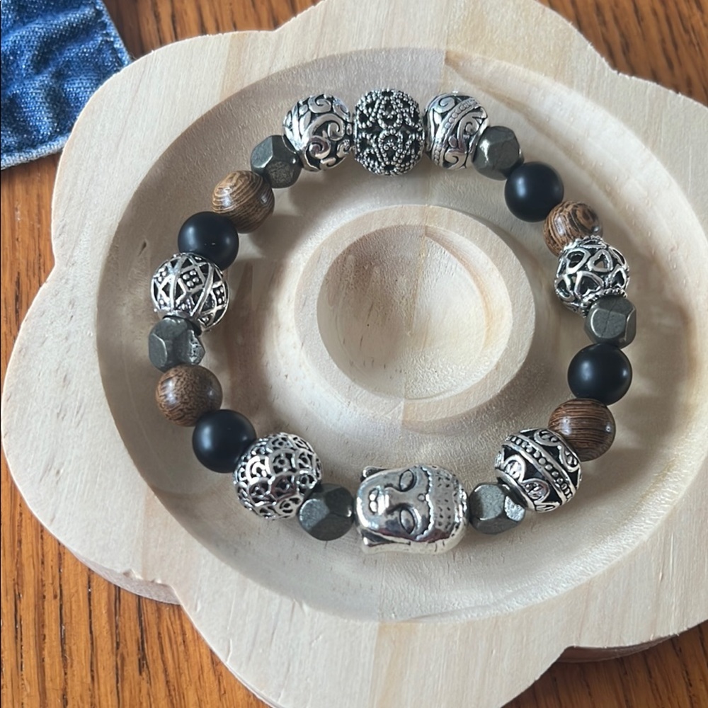 Hematite Wood & Onyx Stretch Bracelet w Buddha Bead